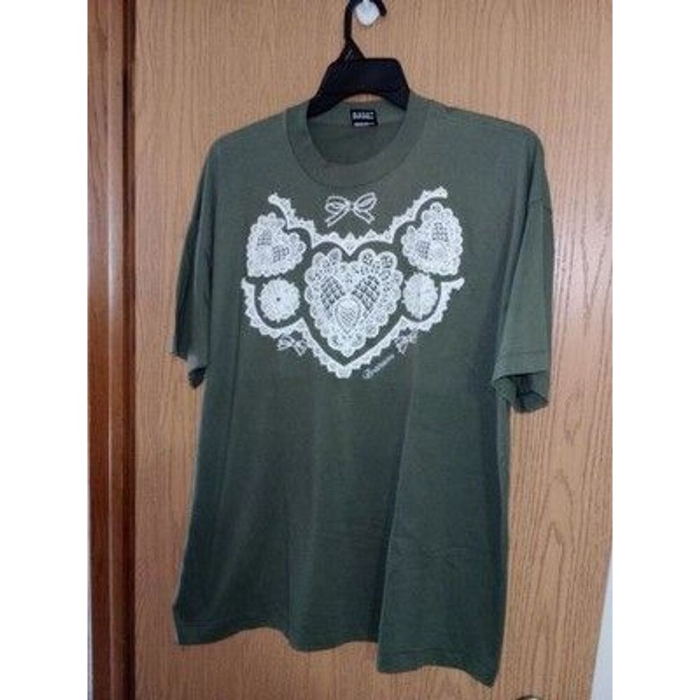 Womens Fruit of the Loom T-Shirt Branson Lace Heart Graphic XXL Olive 50% Cotton